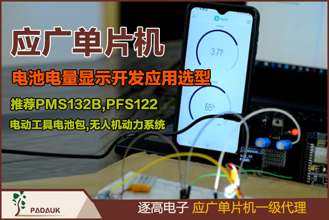应广单片机电池电量显示选型,推荐PMS132B,PFS122,ADC采样/电压分段/动态校准/低功耗设计,适配电压范围:2.75V - 4.2V,多通道ADC轮询采集,实现深度休眠场景下μA级的超低功耗表现