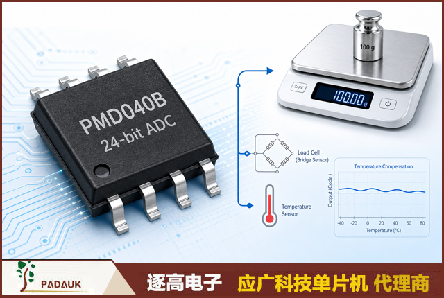 PMD040B,24位称重ADC,内置温度传感器,电子秤温漂补偿,应广科技,逐高电子,称重ADC代理,应变计ADC,低噪声PGA,高压侧电源开关,两点温度校准